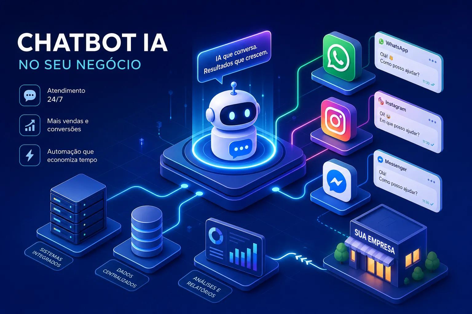 Infográfico 3D demonstrando agente de automação com inteligência artificial conectado a WhatsApp, Instagram e Facebook Messenger para empresas